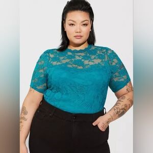 Torrid Blue Stretch Lace Crew Neck Puff Sleeve Top Size 2